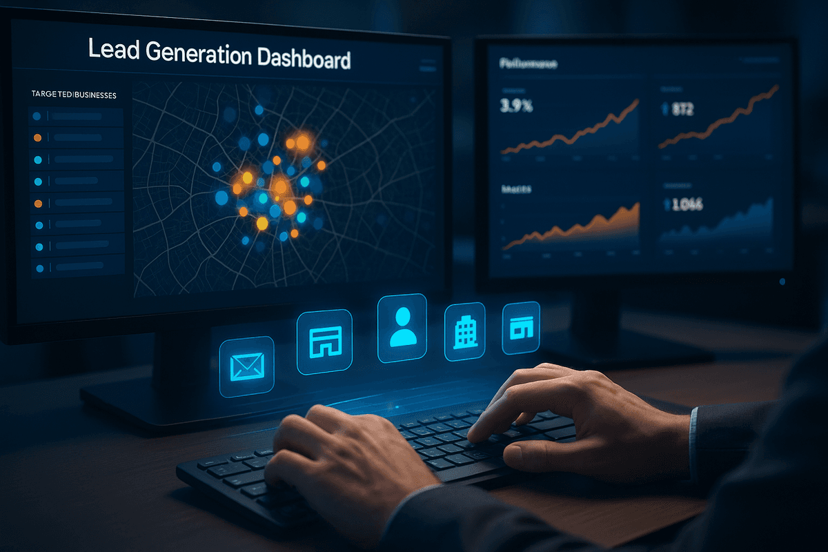 Business professional analyzing local lead generation data on multiple screens with map visualization