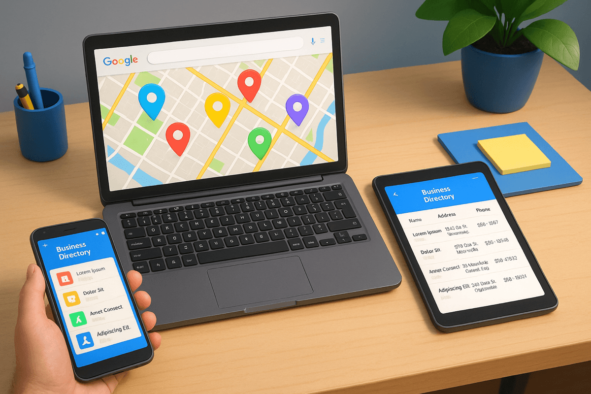 Person creating a Google Maps business directory on a laptop with multiple business listings displayed