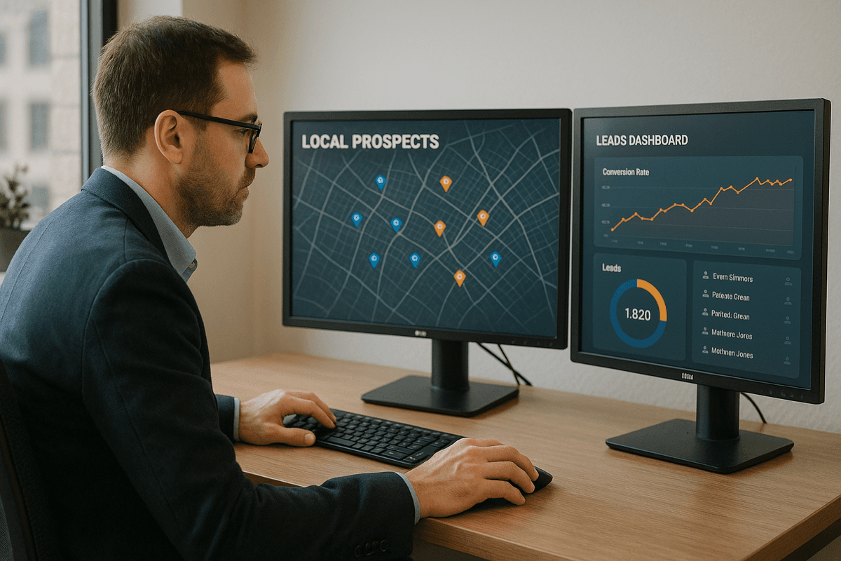 Agency professional analyzing local business data on multiple screens with lead generation dashboard