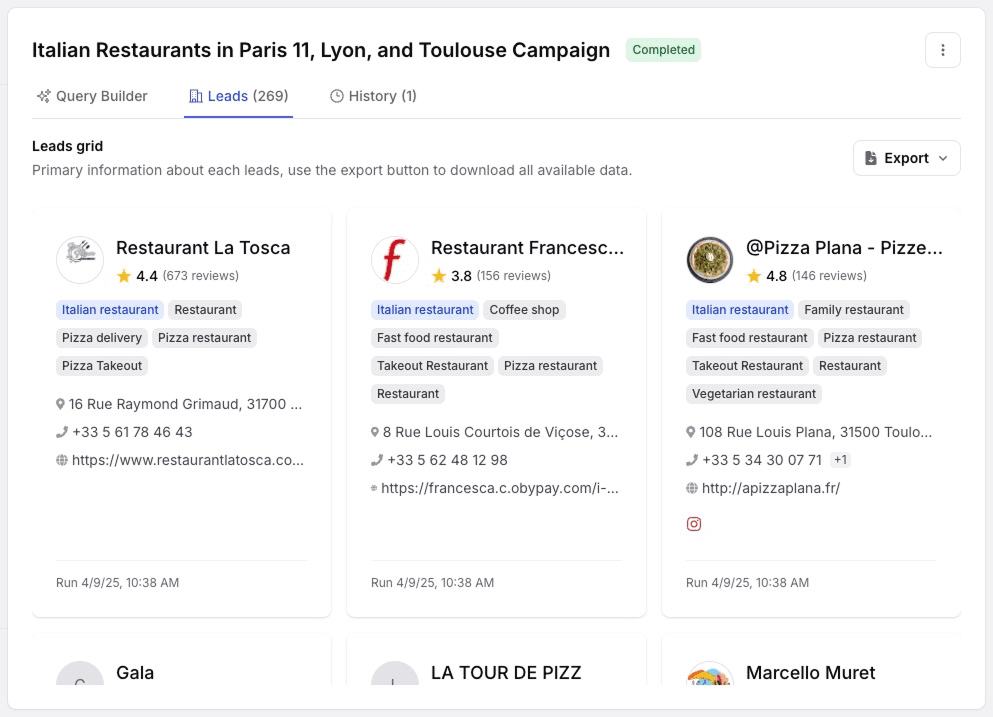 Grid view of enriched business leads showing contact details and categorization tags
