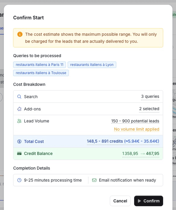 Cost preview for business enrichment campaign showing credit usage breakdown and processing estimates
