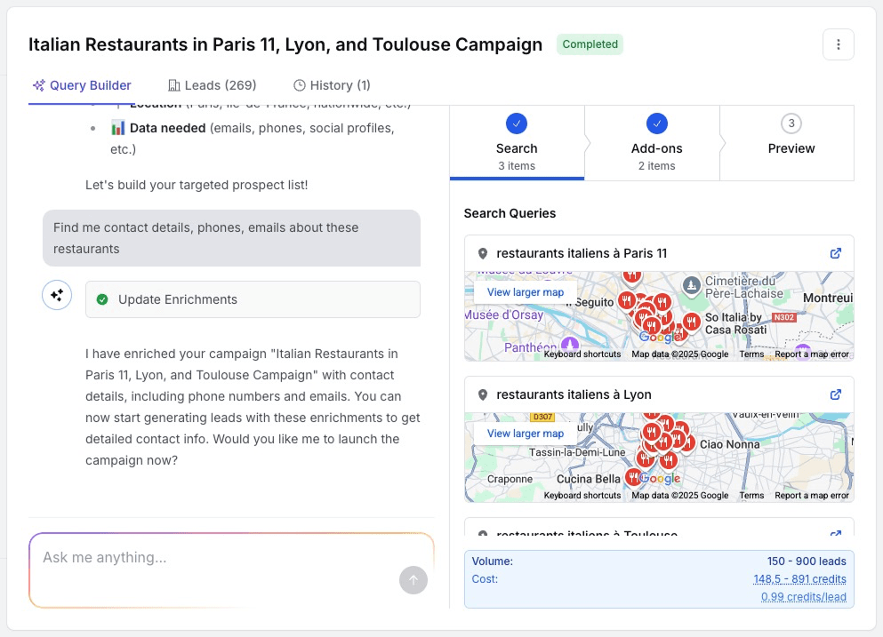 Target audience selection interface with location-based search queries and map visualization
