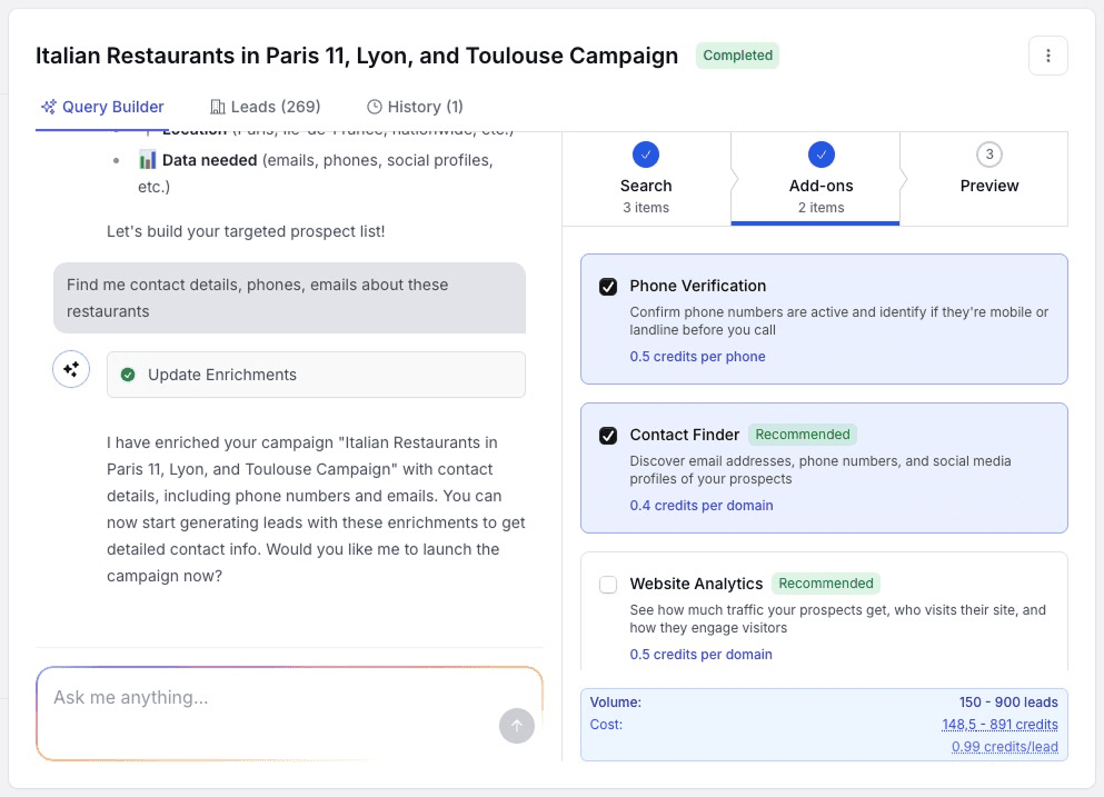 Digital presence analysis interface showing contact finder and verification options for local businesses
