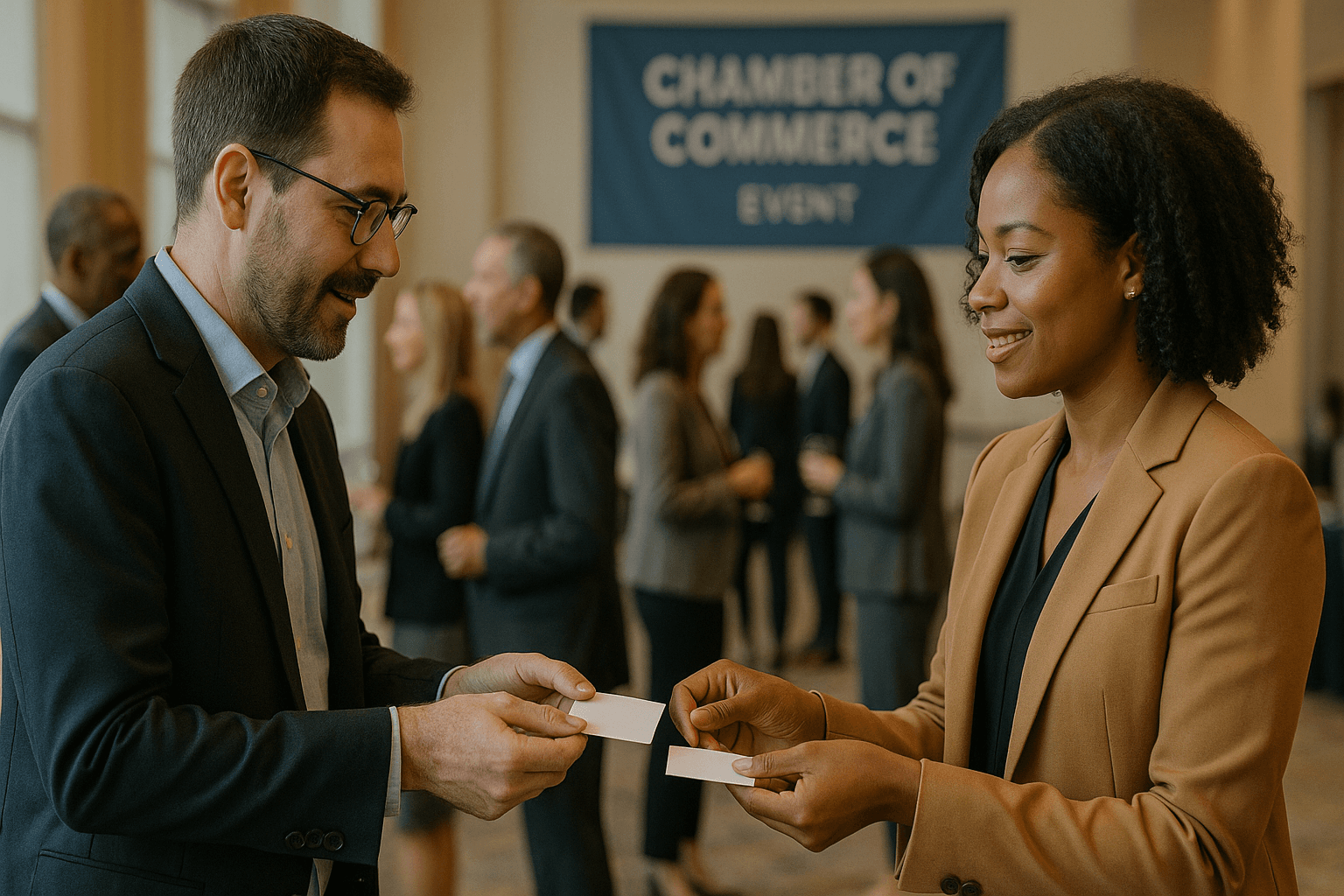 Business professionals networking at a local event with business cards being exchanged