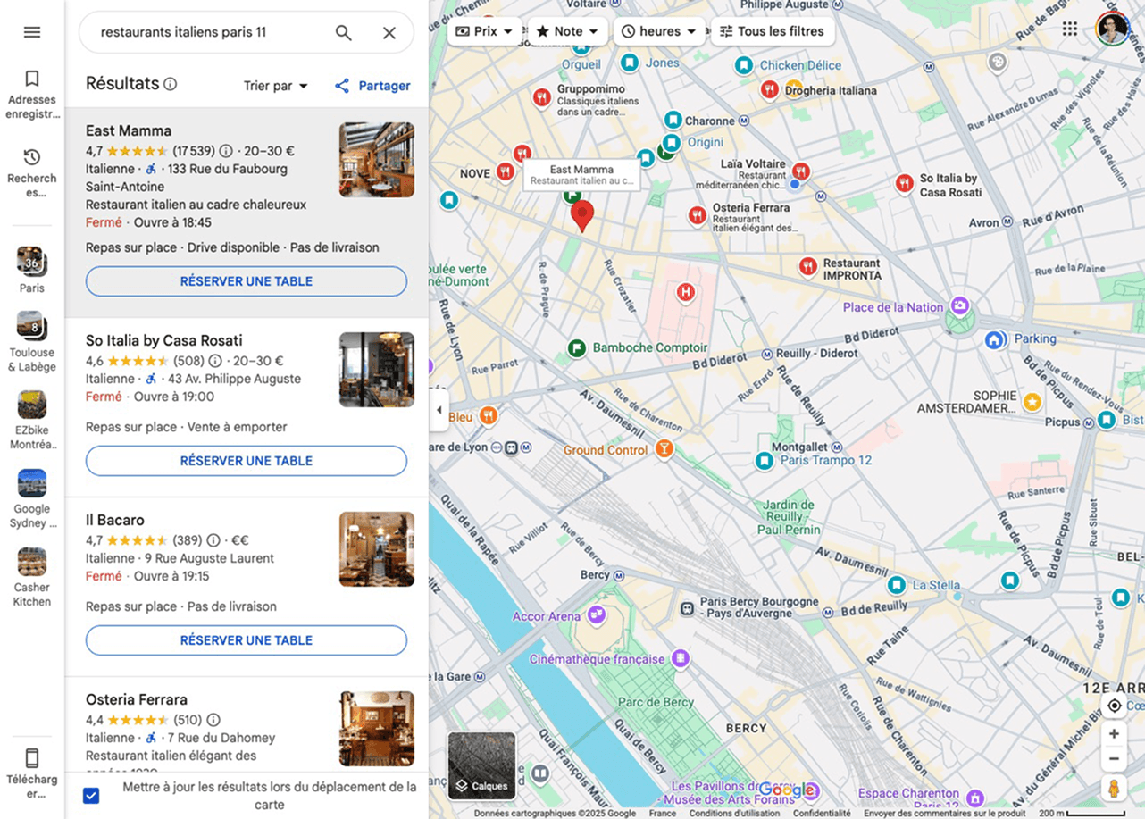 Google Maps interface showing business listings of Italian restaurants in Paris with location markers